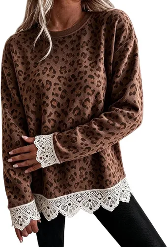 Vista 19 de Fall Sweatshirts for Women Crewneck Scalloped Lace Trim Cute Pullover Tops Lightweight Long Sleeve Polka Dot Sweatshirt,Oversized Leopard Print A