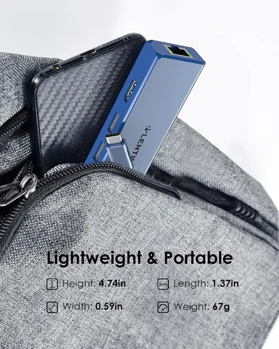 Vista 5 de LENTION Concentrador USB C 5 en 1, Ethernet, HDMI 4K, adaptador multipuerto USB 3.0 Azul