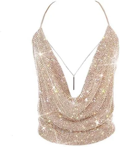 Vista 8 de Camisetas sexys doradas para mujer, con cuello en V profundo y brillante, camisetas sin mangas, camisola con cadena