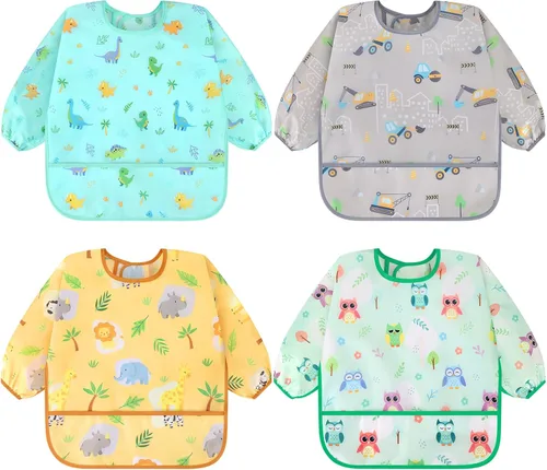 Vista 9 de Accmor 4 Pack Long Sleeve Bibs, Baby Smock Waterproof Full Sleeved Bib for Baby Toddler 6-36 Months