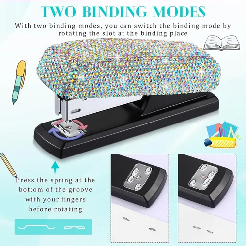 Vista 3 de Yexiya - Grapadora de colores AB para escritorio, con diamantes de imitación, regalo de regreso a clases, capacidad de 20 hojas con 1000 grapas