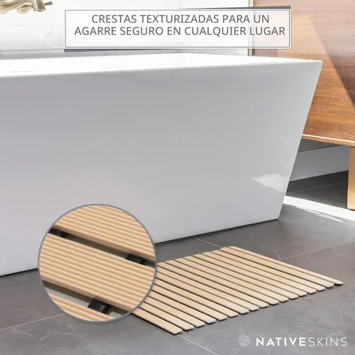 Vista 5 de NativeSkins Tapete de ducha de bambú sintético (beige), forro de seguridad antideslizante, impermeable, de secado rápido, tapete de baño de listones