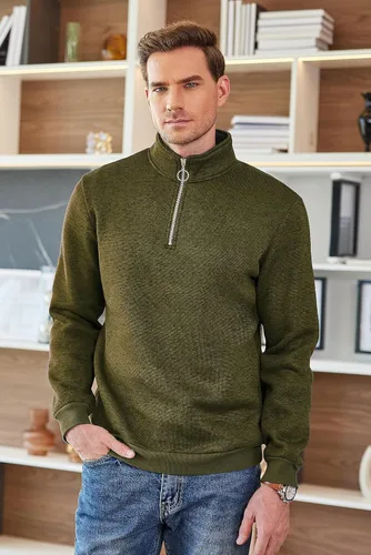 Vista 2 de COOFANDY Sudadera de punto con cremallera de un cuarto para hombre, suéter térmico de punto casual ajustado