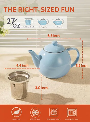 Vista 3 de Sweese Tetera de porcelana de 27 onzas con infusor para té de hojas sueltas, gris azulado