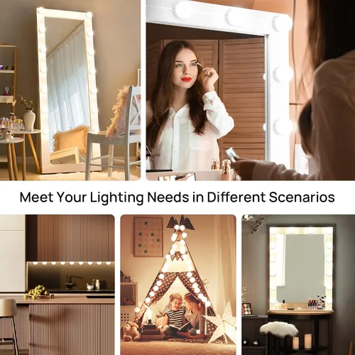 Vista 7 de Luces LED de Tocador para Espejo, Consciot Luces Estilo Hollywood con 14 Bombillas Regulables, Color y Brillo Ajustables, Cable USB, Luces de Espejo