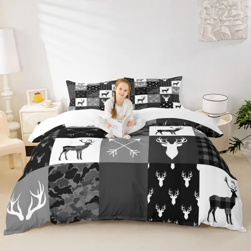 Vista 2 de Manfei Juego de ropa de cama de silueta de ciervo, tamaño individual, funda de edredón con patrón de flechas y cuernos con 1 funda de almohada