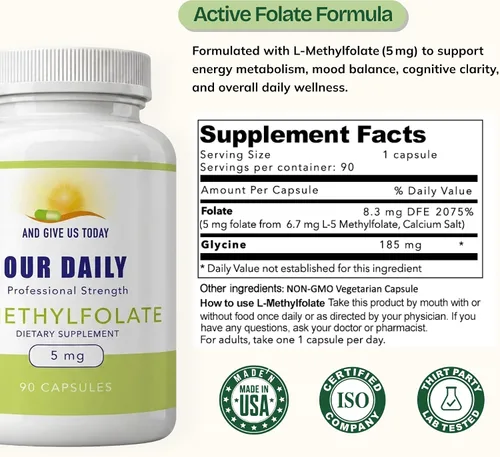 Vista 3 de Our Daily Vites, L Metilfolato 5 mg – Suplemento activo de folato metilado 5-MTHF para mujeres y hombres – Folato de metilo para la salud cerebral