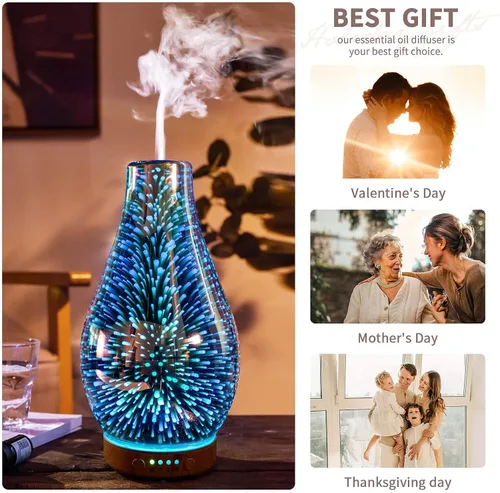 Vista 8 de Porseme Difusor de aceite esencial de volcán Aladdin de 3.4 fl oz + 3.4 fl oz de vidrio 3D aromaterapia humidificador ultrasónico niebla fría