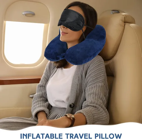 Vista 4 de Sintuff Paquete de 2 Almohadas de Viaje Inflables para Aviones Almohadas de Vuelo Inflables para el Cuello con Bolsa Compacta y Antifaz para Viajar
