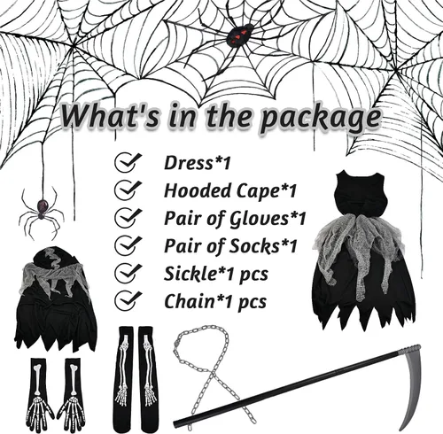 Vista 2 de GOLDGE Scary Girl Grim Reaper Costume Set with Gloves and Tights for Dress Up Party - Perfect for Halloween