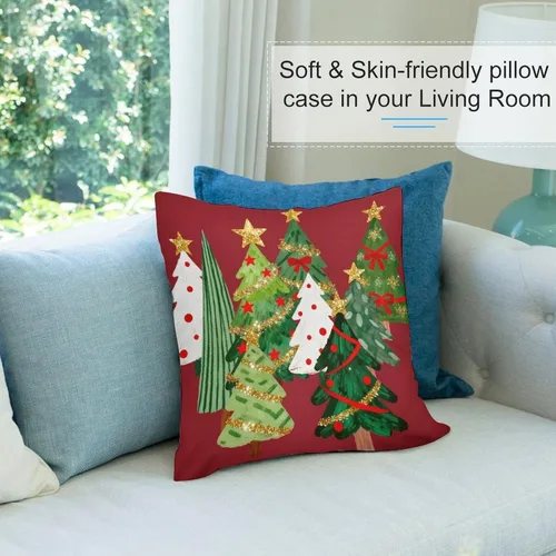 Vista 6 de Juego de 4 fundas de almohada decorativas de árbol de Navidad con estampado de ambos lados, 16 x 16 pulgadas, fundas de almohada de bosque