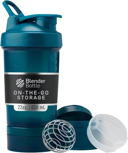 Vista 11 de BlenderBottle - Botella mezcladora con organizador de pastillas y almacenamiento para polvo proteínico, sistema Classic V2 ProStak, 22 onzas, azul