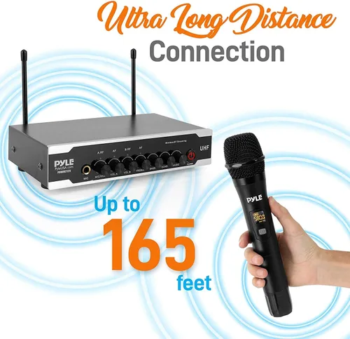 Vista 4 de Pyle Sistema de micrófono inalámbrico Uhf portátil, funciona con pilas, juego de micrófonos inalámbricos Bluetooth dual, incluye 2 micrófonos