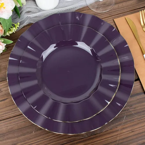 Vista 20 de Efavormart 10 Pack Platos redondos de plástico negro de 6" para postre y ensalada, platos desechables para aperitivos con borde ondulado dorado
