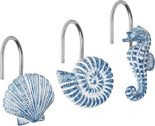 Vista 11 de Sunlit - 12 piezas de ganchos para cortina de ducha azul agua resina, diseño costero de criaturas oceánicas, decoración náutica para baño