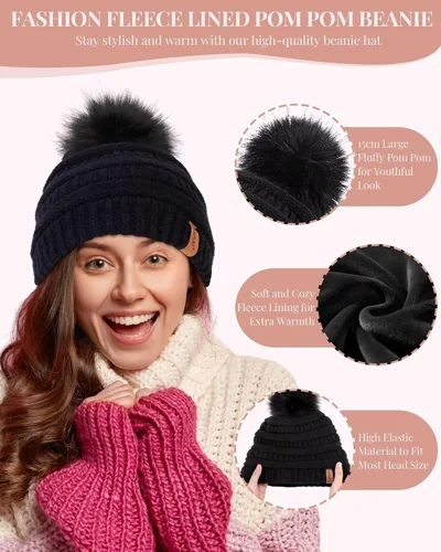 Vista 3 de Conjunto de guantes y bufanda de invierno para mujer, gorro de pompón con forro polar cálido, bufanda de punto larga, guantes para pantalla táctil