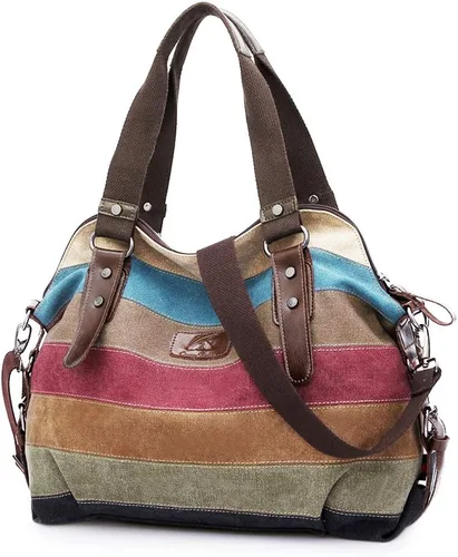 Vista 10 de Bolsa cruzada de lona multicolor a rayas con diseño entramado para mujer Striped, Lattice, Shoulder, Purse, Bag, Striped