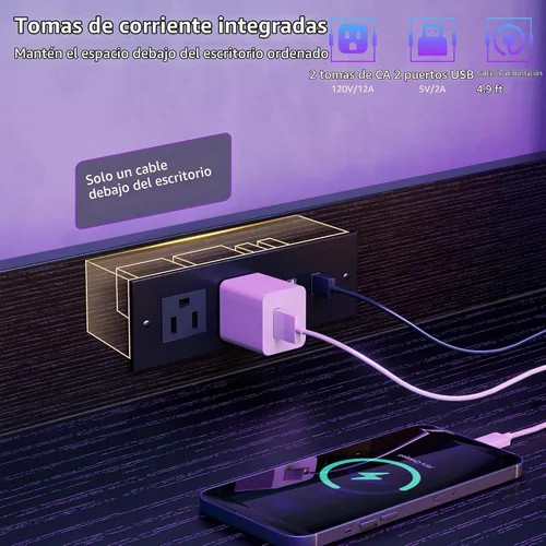 Vista 4 de Escritorio pequeño para juegos de 40 pulgadas con estantes de tablero de clavijas, escritorios para computadora con luces LED, tomas de corriente