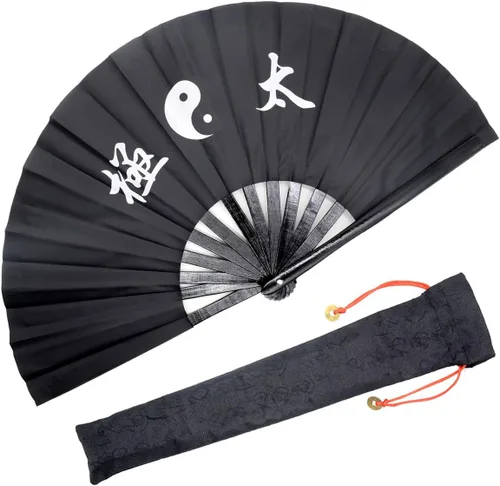 Vista 10 de OMyTea Ventilador de mano plegable grande de bambú para hombres y mujeres, ventilador de mano chino japonés de Kung Fu Tai Chi con funda de tela