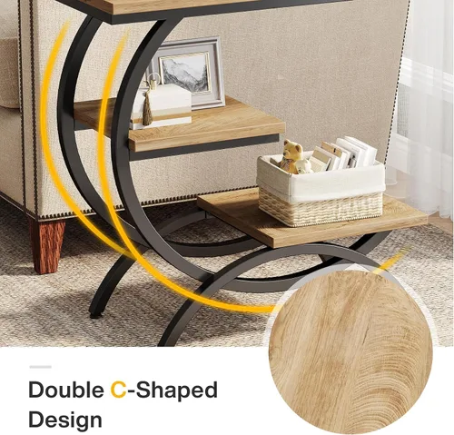 Vista 5 de Tribesigns Mesa Auxiliar en Forma de C, Mesa Auxiliar Industrial Pequeña de 3 Niveles para Sofá, Mesa de Noche de Madera Mesa Auxiliar de Aperitivos