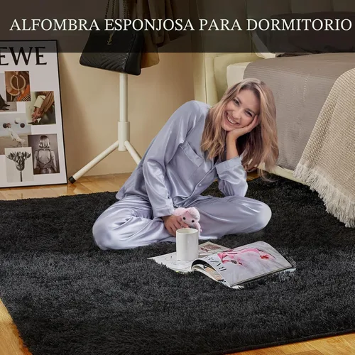 Vista 2 de KNZE - Alfombras súper suaves para sala de estar de 5 x 7 pies, color negro. Alfombra de área esponjosa y peluda, antideslizante y rectangular