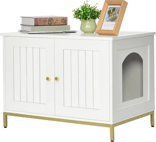 Vista 12 de Homhedy Gabinete para Caja de Arena para Gatos, Muebles de Baño para Gatos con Marco de Metal, Casa para Mascotas, Se Adapta a la Mayoría de Cajas