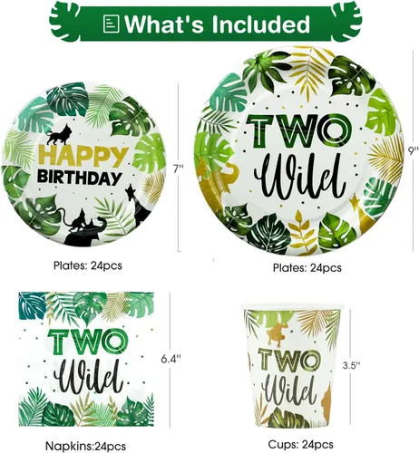 Vista 2 de Dos decoraciones de cumpleaños salvajes, artículos para fiestas temáticas de selva de safari incluyen pancarta, telón de fondo, platos, vasos