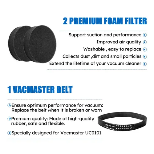 Vista 3 de Vacmaster 2 filtros de espuma de alta calidad y 1 correa de vacío de repuesto para aspiradora vertical compatible con Vacmaster modelo UC0101