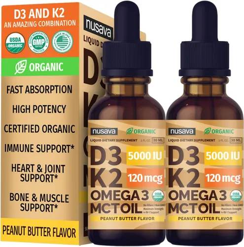 Vista 20 de Paquete de 2 gotas orgánicas de vitamina D3 K2 con aceite MCT y Omega 3 - Vitamina líquida D3 5000 UI - Suplemento de vitamina K2 D3 - Gotas