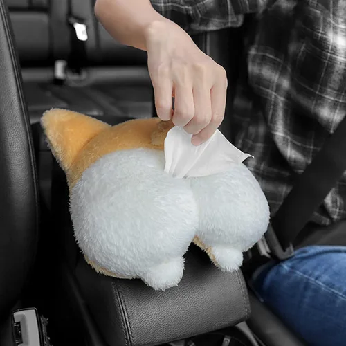 Vista 3 de FQQWEE Soporte de pañuelos de felpa suave, organizador de automóvil colgante, estuche portátil de servilletas de animales de dibujos animados