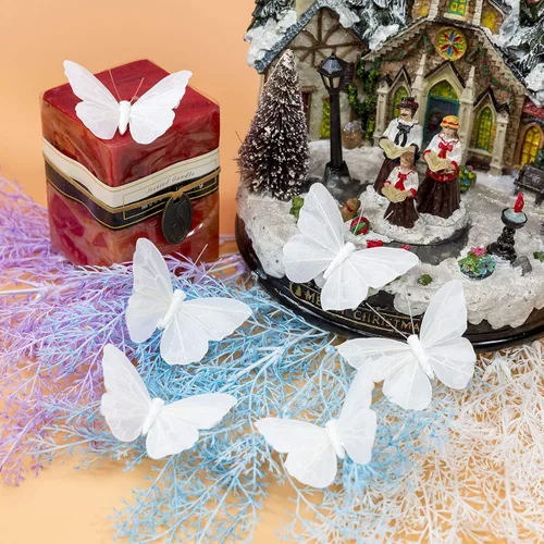 Vista 4 de Berfutall - Juego de 12 mariposas de plumas para decoración de mariposas, blancas en alambre. Decoración del hogar de primavera para fiestas, fotos