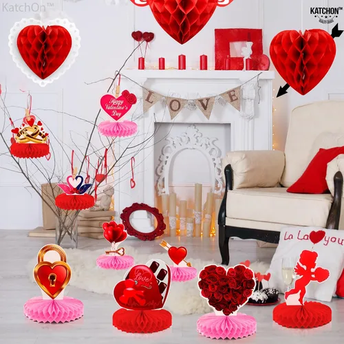 Vista 7 de KatchOn Centros de mesa rojos de San Valentín para mesas, paquete de 9 Centro de mesa de panal de San Valentín 3D, decoraciones de mesa