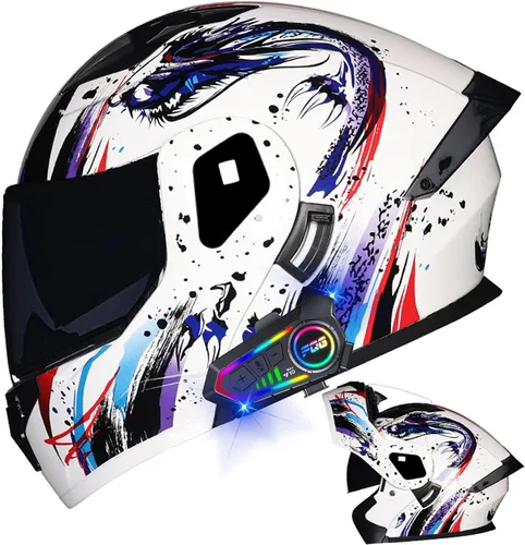 Vista 37 de Casco modular Bluetooth para motocicleta, aprobado por DOT, de cara completa, abatible, antivaho, doble visera, casco de motocicleta de calle, LENTE