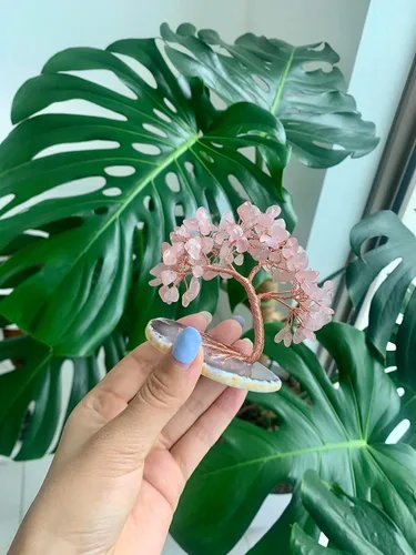 Vista 2 de Árbol de dinero de cristal hecho a mano en ágata rebanada árbol de la vida, bonsái decoración de la oficina en el hogar, cumpleaños, cuarzo rosa
