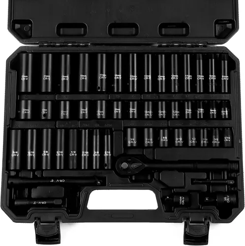 Vista 11 de Reniteco Juego de 25 piezas de llaves de casquillo de 1/2" de transmisión, SAE (3/8"- 1-1/2"), casquillos profundos, barras de extensión, reductor