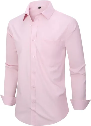 Vista 30 de corfty Camisa de vestir de manga larga para hombre, ajuste regular, elástica, sin arrugas, casual, con botones