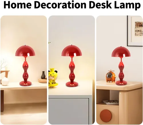 Vista 4 de Lámpara de mesa de hongos, lámparas únicas de maceta para dormitorio, bonita lámpara de escritorio LED roja, lámpara moderna de mediados de siglo