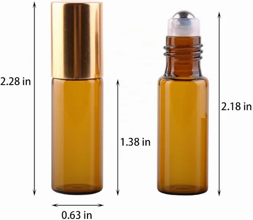 Vista 4 de MaxMau Paquete de 24 Botellas de Vidrio Ámbar de 5ml para Aceites Esenciales, Botella Roll-on con Bolas Rodantes de Acero Inoxidable, Tapas Pintadas