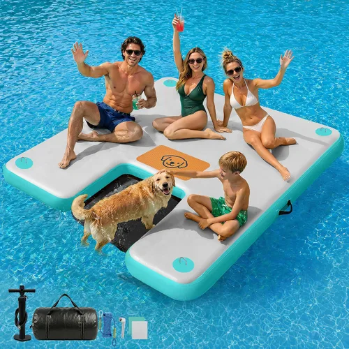 Vista 8 de AWEMUFA Muelle flotante inflable con rampa de 5 pies/6 pies/8 pies/10 pies, plataforma flotante flotante, tapete flotante de isla flotante, flotador