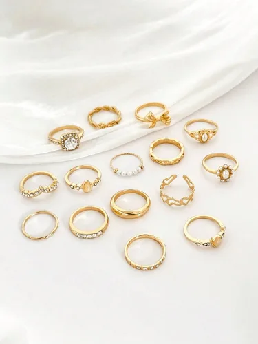 Vista 4 de Juego de anillos apilables con lazo de estilo bohemio, 15 piezas, joyería de moda para mujer, regalo para fiestas de vacaciones, uso diario