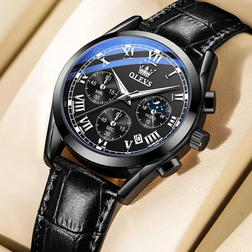 Vista 2 de OLEVS Reloj para hombres cronógrafo marrón cuero oro caso analógico cuarzo moda negocios vestido grande hombres reloj día fecha luminoso impermeable