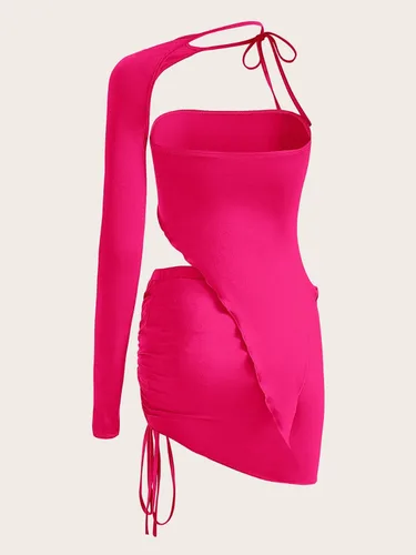 Vista 2 de Verdusa Conjunto de 3 piezas para mujer Y2K tubo de un hombro con hombros descubiertos y cordón fruncido, minifalda, Rosa encendido