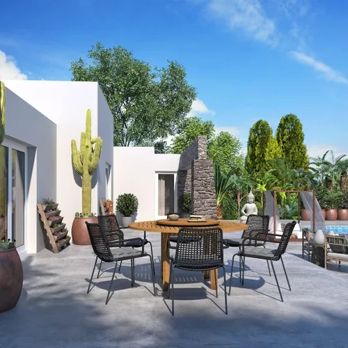 Vista 2 de Amazonia Arezzo - Juego de mesa de comedor redonda de 7 piezas para exteriores, acabado de teca, ideal para patio e interiores