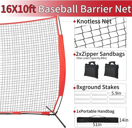 Vista 2 de 7x7/16x10/20x10ft Baseball Net Backstop Net,Fix Ball Stop Net by 4 Spike&2 Sandbag,Sports Net Barrier with Handbag,Lacrosse Net Backstop for