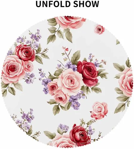 Vista 7 de IBILIU Mantel redondo con diseño floral de rosas, flores de acuarela, flores rosas, flores moradas, mantel circular decorativo para cocina
