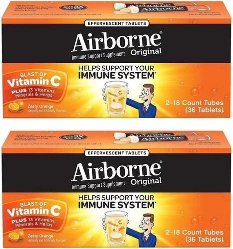 Vista 24 de Vitamina C 1000 mg (por porción), tabletas efervescentes Airborne Very Berry (36 unidades en una caja), suplemento de apoyo inmunológico sin gluten