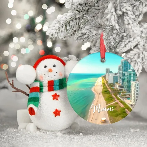Vista 3 de Miami Beach - Decoraciones navideñas para árbol, Florida, Estados Unidos, adorno de Navidad de paisaje urbano 2022, recuerdo de viaje, adornos