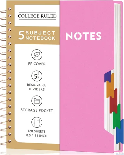 Vista 14 de CAGIE Cuadernos de espiral para trabajo escolar con pestañas divisorias extraíbles, cuaderno de 5 materias de 8.5 x 11 pulgadas, a rayas