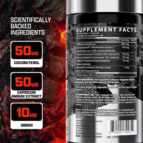 Vista 5 de Nutrex Research Cápsulas dietéticas Lipo-6 Hardcore Energy, 60