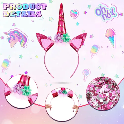 Vista 3 de Juinte 6 juegos de diadema de unicornio de Halloween con purpurina gruesa, suministros de fiesta de disfraces para mujeres y niñas, suministros